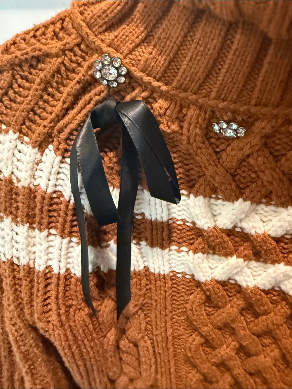 Maeve Anthropologie Cable Knit Turtleneck Bow Sweater Brown Cream XXS - Picture 2 of 6